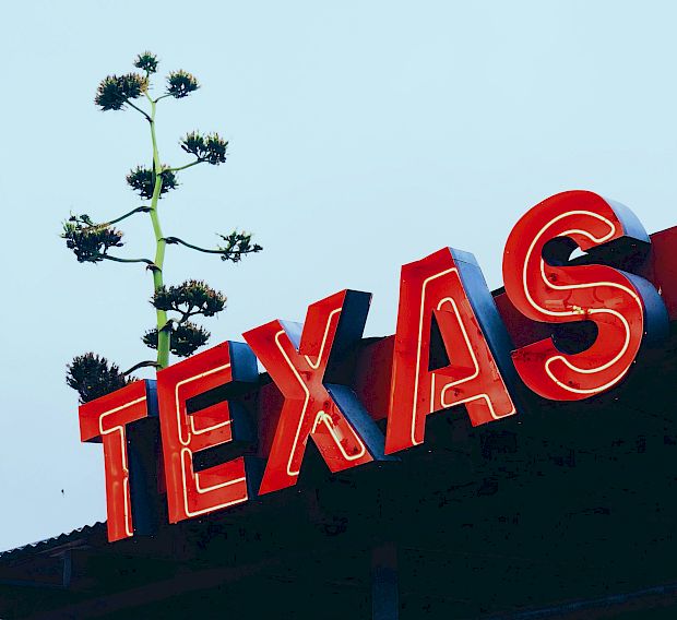 A neon sign of Texas with blue skies in the background.