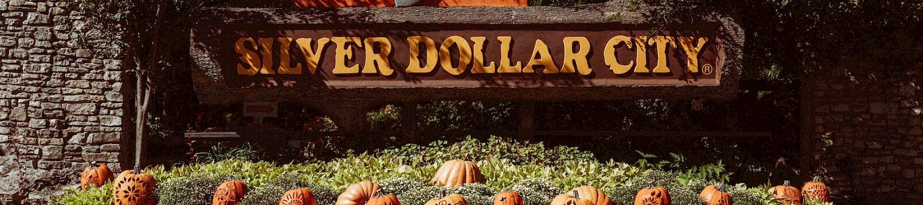The Silver Dollar Sign at autumn with pumpkins.