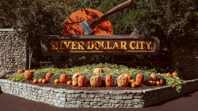 Pumpkins lining up around the Silver Dollar City sign.